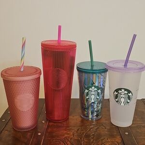 Starbucks Green and Silver, Hot Pink, Frosted Pink, and Clear FrostedTumbler Lot